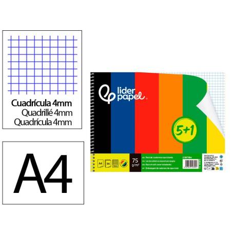 CUADERNO ESPIRAL MARCA LIDERPAPEL DIN A4 SMART TAPA BLANDA 80H 75GR CUADRO 4 MM CON MARGEN PACK 5+1 COLORES SURTIDOS