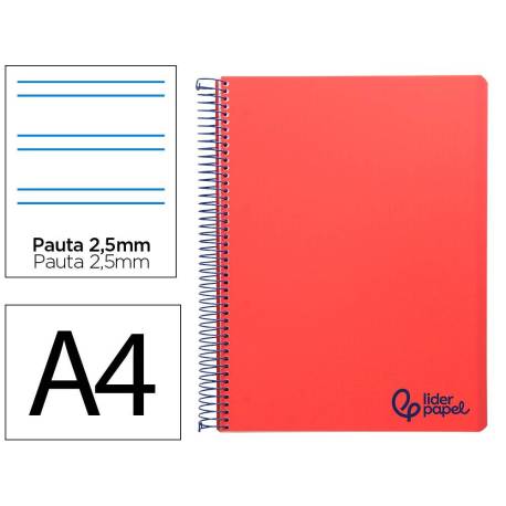 CUADERNO ESPIRAL LIDERPAPEL DIN A4 WONDER TAPA PLASTICO 80H 90GR PAUTA ESTRECHA 2,5MM CON MARGEN COLOR ROJO