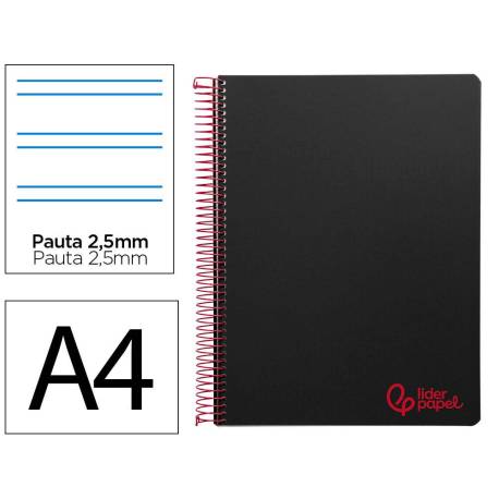 CUADERNO ESPIRAL MARCA LIDERPAPEL A4 WONDER TAPA PLASTICO 80H 90GR PAUTA ESTRECHA 2,5MM CON MARGEN COLOR NEGRO