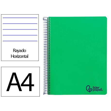 CUADERNO ESPIRAL MARCA LIDERPAPEL A4 WONDER TAPA PLASTICO 80H 90GR RAYADO HORIZONTAL CON MARGEN COLOR VERDE OSCURO