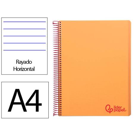 CUADERNO ESPIRAL MARCA LIDERPAPEL A4 WONDER TAPA PLASTICO 80H 90GR RAYADO HORIZONTAL CON MARGEN COLOR NARANJA