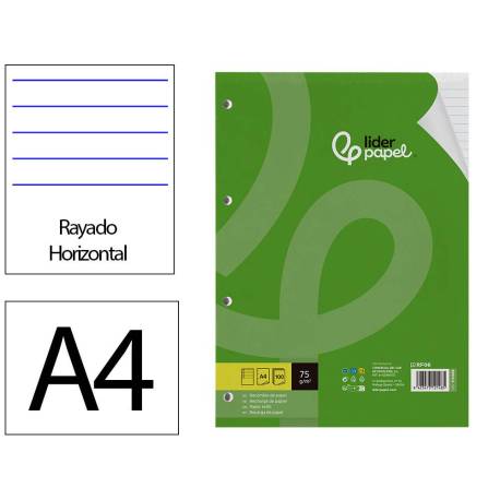 RECAMBIO MARCA LIDERPAPEL DIN A4 100 HOJAS 75 GR HORIZONTAL CON MARGEN 4 TALADROS