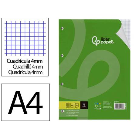RECAMBIO MARCA LIDERPAPEL DIN A4 100 HOJAS 75 GR CUADRO 4 MM CON MARGEN 4 TALADROS