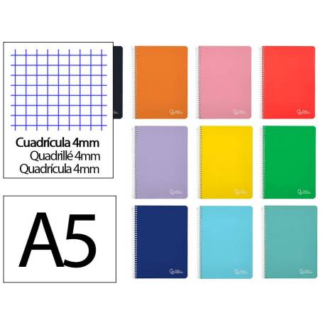 CUADERNO ESPIRAL MARCA LIDERPAPEL DIN A5 WITTY TAPA DURA 80H 90GR CUADRO 4MM CON MARGEN COLORES SURTIDOS