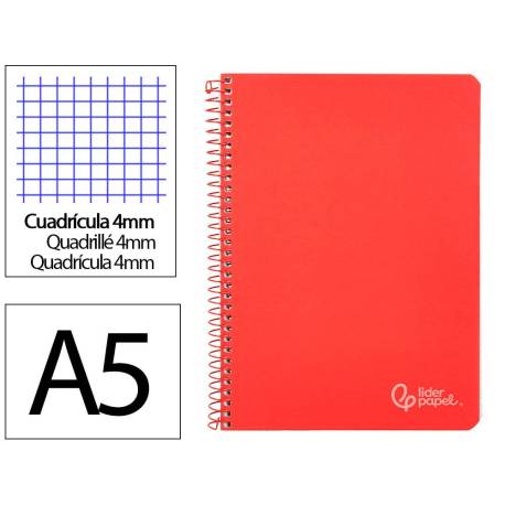 CUADERNO ESPIRAL MARCA LIDERPAPEL DIN A5 WITTY TAPA DURA 80H 90GR CUADRO 4MM CON MARGEN COLOR ROJO