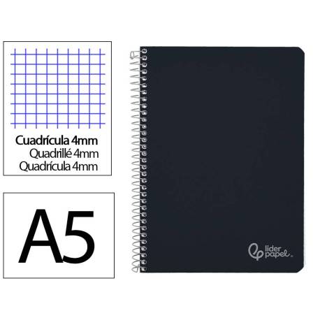 CUADERNO ESPIRAL MARCA LIDERPAPEL DIN A5 WITTY TAPA DURA 80H 90GR CUADRO 4MM CON MARGEN COLOR NEGRO