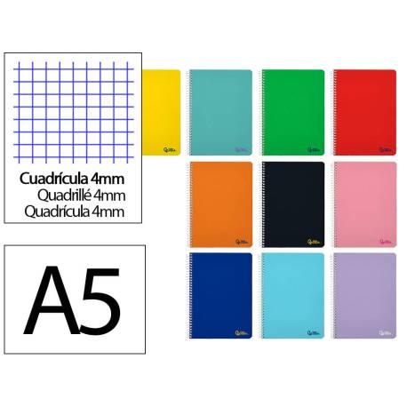 CUADERNO ESPIRAL MARCA LIDERPAPEL DIN A5 SMART TAPA BLANDA 80H 75GR CUADRO 4MM CON MARGEN COLORES SURTIDOS