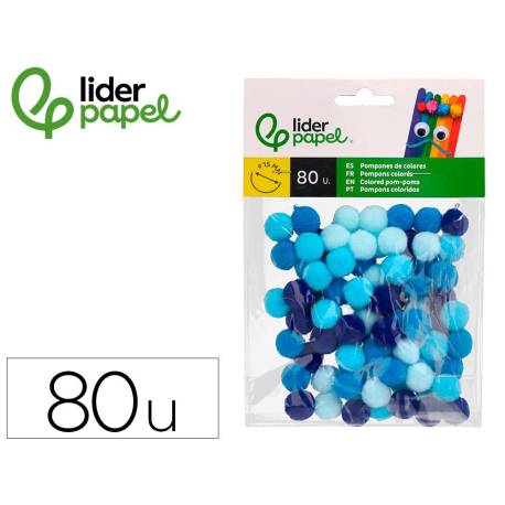 POMPONES DE COLORES MARCA LIDERPAPEL 1,5 CM TONALIDADES AZULES BOLSA CON 80 UNIDADES