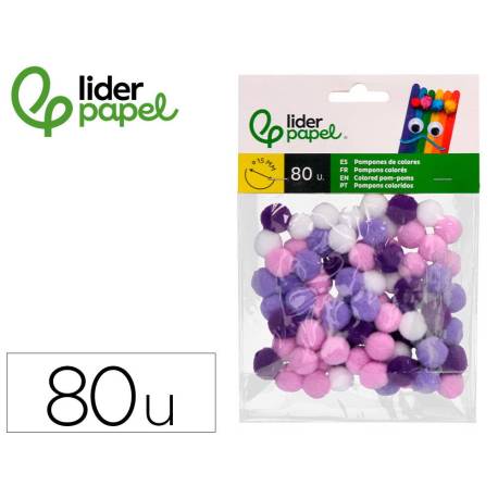 POMPONES DE COLORES MARCA LIDERPAPEL 1,5 CM TONALIDADES VIOLETA BOLSA CON 80 UNIDADES