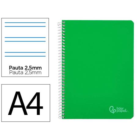 CUADERNO ESPIRAL MARCA LIDERPAPEL DIN A4 WITTY TAPA DURA 80H 90GR PAUTA 2,5MM CON MARGEN COLOR VERDE