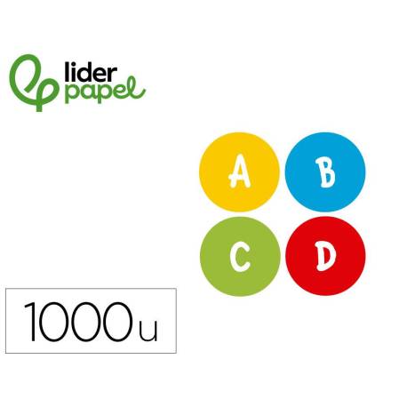 GOMETS MARCA LIDERPAPEL AUTOADHESIVO S REDONDO ABECEDARIO 20 MM COLORES SURTIDOS ROLLO DE 1000 UNIDADES EN CAJA DE CARTON