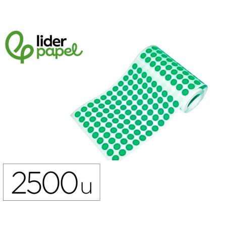 GOMETS MARCA LIDERPAPEL AUTOADHESIVO S CIRCULOS 15 MM VERDE ROLLO DE 2500 UNIDADES EN CAJA DE CARTON