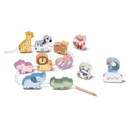 JUEGO INFANTIL MARCA IMAGINOVO MADERA CUENTAS ANIMALES PARA ENHEBRAR +24 MESES 13 PIEZAS 27X6,5X6,5CM