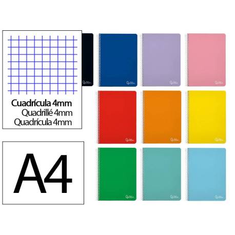 CUADERNO ESPIRAL MARCA LIDERPAPEL DIN A4 WITTY TAPA DURA 80H 90GR CUADRO 4MM CON MARGEN COLORES SURTIDOS