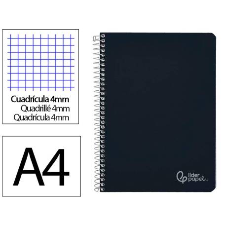 CUADERNO ESPIRAL MARCA LIDERPAPEL DIN A4 WITTY TAPA DURA 80H 90GR CUADRO 4MM CON MARGEN COLOR NEGRO