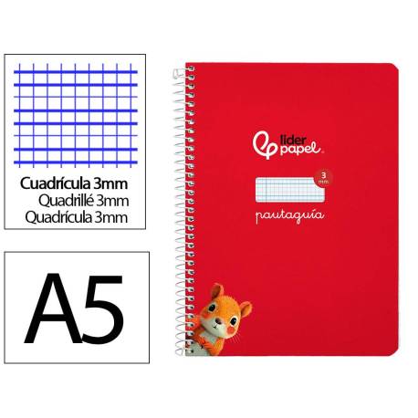 CUADERNO ESPIRAL MARCA LIDERPAPEL DI N A5 PAUTAGUIA TAPA DURA 80H 90 GR CUADRO PAUTADO 3MM COLOR ROJO
