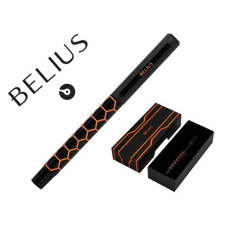 BOLIGRAFO MARCA BELIUS LEGACY ALUMINIO DISEÑO HEXAGONO NARANJA CUERPO NEGRO TINTA COLOR AZUL CAJA DE DISEÑO