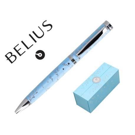 BOLIGRAFO MARCA BELIUS BELLA ALUMINIO COLOR AZUL CELESTE DISEÑO PLATEADO RELIEVE TINTA AZUL CAJA DE DISEÑO