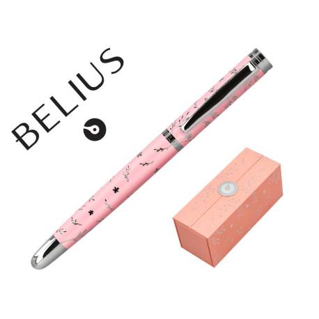 PLUMA MARCA BELIUS BELLA ALUMINIO COLOR ROSA DISEÑO PLATEADO RELIEVE TINTA AZUL CAJA DE DISEÑO