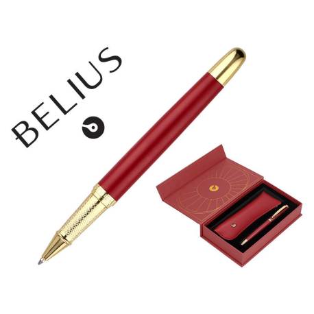 BOLIGRAFO Y ESTUCHE BELIUS SOIREE ART DECO GRANATE Y DORADO TINTA AZUL CAJA DE DISEÑO
