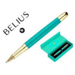 BOLIGRAFO BELIUS SOIREE ALUMINIO ART DECO TURQUESA Y DORADO TINTA AZUL CAJA DE DISEÑO