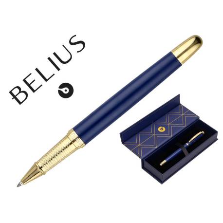 BOLIGRAFO BELIUS SOIREE ALUMINIO AZUL MARINO Y DORADO TINTA AZUL CAJA DE DISEÑO