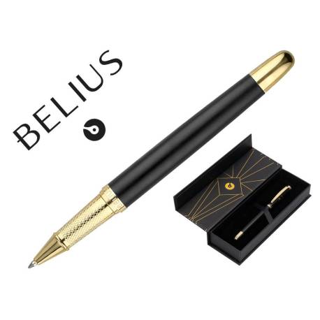 BOLIGRAFO BELIUS SOIREE ALUMINIO COLOR ART DECO COLOR NEGRO Y DORADO TINTA AZUL CAJA DE DISEÑO