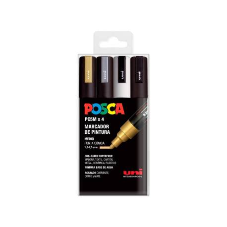 ROTULADOR MARCA UNI POSCA PC-5M/4C MARCADOR DE PINTURA PUNTA CONICA 1,8-2,5 MM GSWB ESTUCHE DE 4 UNIDADES
