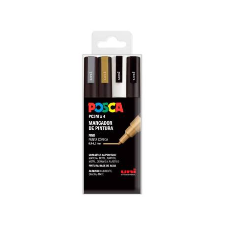 ROTULADOR MARCA UNI POSCA PC-3M/4C MARCADOR DE PINTURA PUNTA CONICA 0,9-1,3 MM GSWB ESTUCHE DE 4 UNIDADES