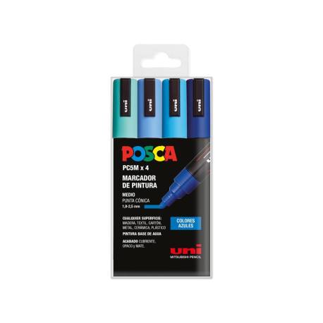 ROTULADOR MARCA UNI POSCA PC-5M/4C ESTUCHE DE 4 UNIDADES COLORES AZULES SURTIDOS
