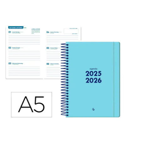 Agenda escolar liderpapel 25-26 espiral basic azul semana vista a5 bilingüe papel fsc 70 gr.