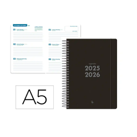 AGENDA ESCOLAR LIDERPAPEL 25-26 ESPIRAL BASIC NEGRO SEMANA VISTA A5 BILINGÜE PAPEL FSC 70 GR