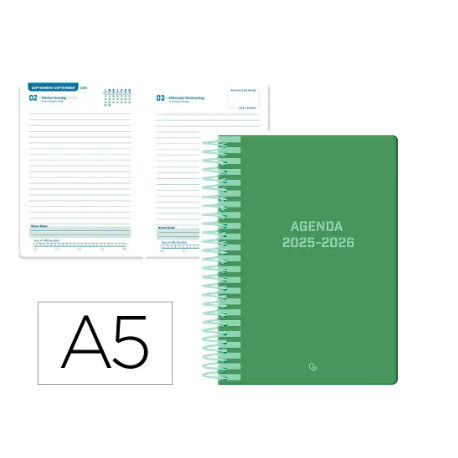 AGENDA ESCOLAR LIDERPAPEL 25-26 ESPIRAL CLASSIC VERDE DIA PAGINA A5 BILINGÜE PAPEL FSC 70 GR