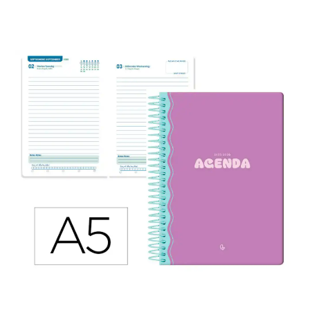 AGENDA ESCOLAR LIDERPAPEL 25-26 ESPIRAL CLASSIC MORADO DIA PAGINA A5 BILINGÜE PAPEL FSC 70 GR