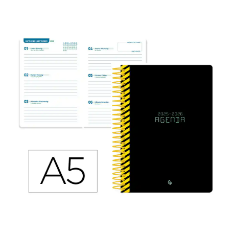 AGENDA ESCOLAR LIDERPAPEL 25-26 ESPIRAL CLASSIC NEGRO SEMANA VISTA A5 BILINGÜE PAPEL FSC 70 GR