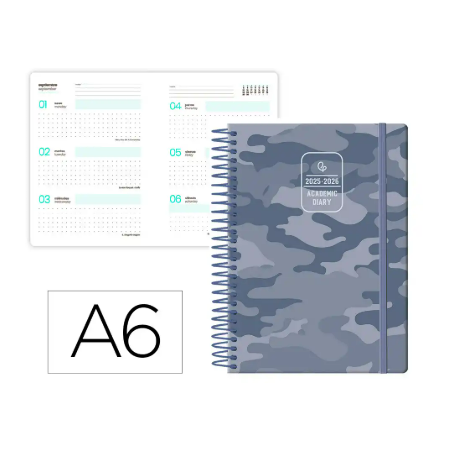 AGENDA ESCOLAR LIDERPAPEL 25-26 ESPIRAL PATTERNS MILITAR GRIS SEMANA VISTA A6 BILINGÜE PAPEL FSC 80 GR