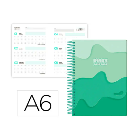 AGENDA ESCOLAR LIDERPAPEL 25-26 ESPIRAL MELTING VERDE SEMANA VISTA A6 BILINGÜE PAPEL FSC 80 GR