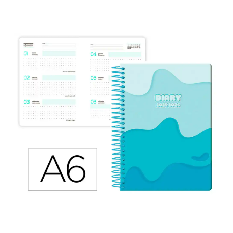 AGENDA ESCOLAR LIDERPAPEL 25-26 ESPIRAL MELTING AZUL SEMANA VISTA A6 BILINGÜE PAPEL FSC 80 GR