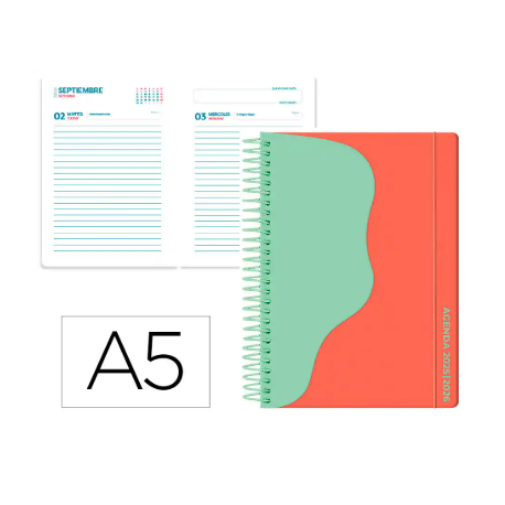 AGENDA ESCOLAR LIDERPAPEL 25-26 ESPIRAL WAVES ROJO DIA PAGINA A5 BILINGÜE PAPEL FSC 80 GR