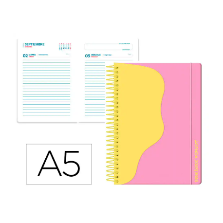 AGENDA ESCOLAR LIDERPAPEL 25-26 ESPIRAL WAVES ROSA DIA PAGINA A5 BILINGÜE PAPEL FSC 80 GR