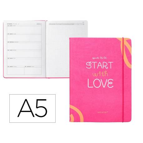 AGENDA ESCOLAR ANTARTIK 25-26 ENCUADERNADA GO! SIMIL PIEL FUCSIA SEMANA VISTA DIN A5 BILINGÜE PAPEL FSC 80 GR