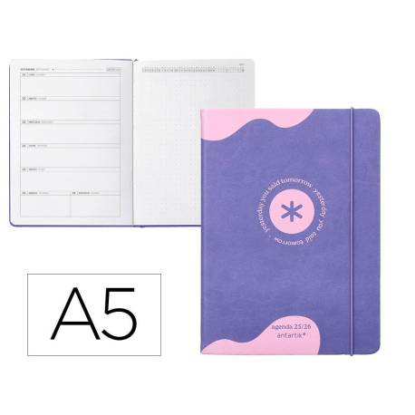 AGENDA ESCOLAR MARCA ANTARTIK 25-26 ENCUADERNADA GO! SIMIL PIEL MORADO SEMANA VISTA A5 BILINGÜE PAPEL FSC 80 GR