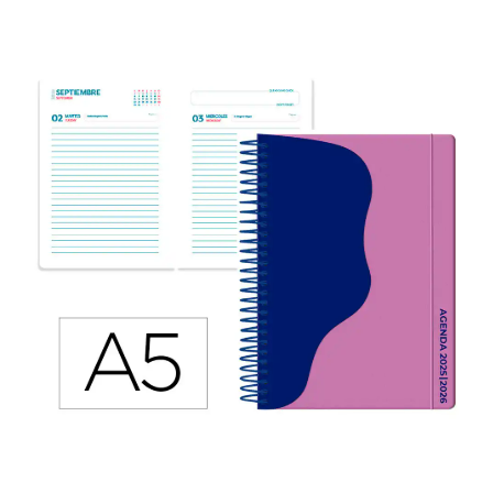 AGENDA ESCOLAR LIDERPAPEL 25-26 ESPIRAL WAVES MORADO DIA PAGINA A5 BILINGÜE PAPEL FSC 80 GR