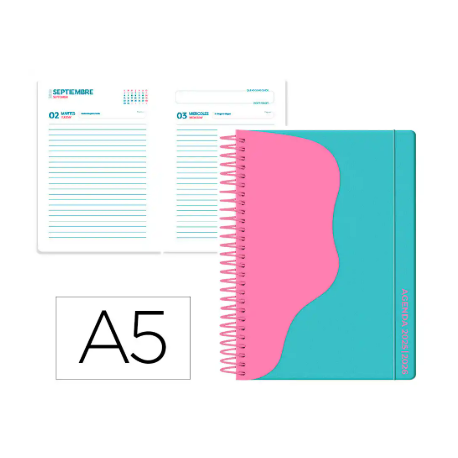 AGENDA ESCOLAR LIDERPAPEL 25-26 ESPIRAL WAVES AZUL TURQUESA DIA PAGINA A5 BILINGÜE PAPEL FSC 80 GR