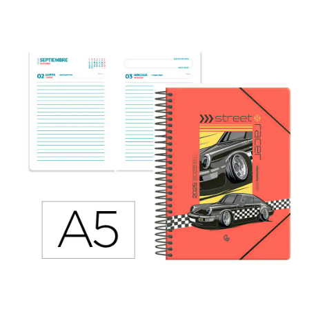 AGENDA ESCOLAR LIDERPAPEL 25-26 ESPIRAL CARS NEGRO DIA PAGINA A5 BILINGÜE PAPEL FSC 80 GR