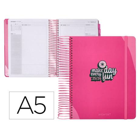 AGENDA ESCOLAR ANTARTIK 25-26 ESPIRAL FUN DAY FUCSIA DIA PAGINA DIN A5 BILINGÜE PAPEL FSC 80 GR