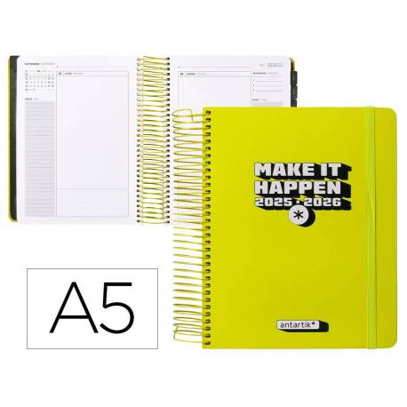 AGENDA ESCOLAR ANTARTIK 25-26 ESPIRAL NEON AMARILLO DIA PAGINA DIN A5 BILINGÜE PAPEL FSC 80 GR