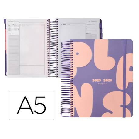 AGENDA ESCOLAR ANTARTIK 25-26 ESPIRAL PLANS MORADO DIA PAGINA DIN A5 BILINGÜE PAPEL FSC 80 GR
