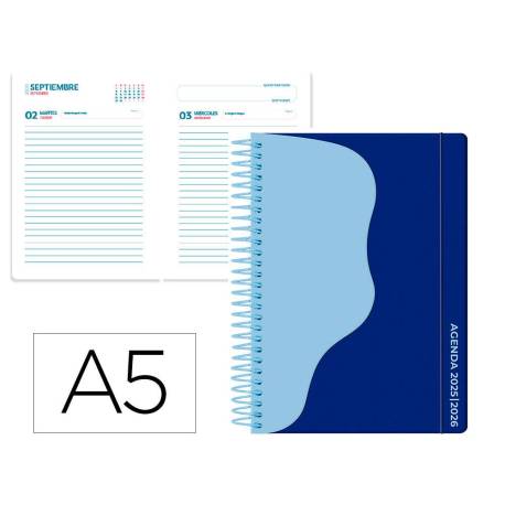 AGENDA ESCOLAR LIDERPAPEL 25-26 ESPIRAL WAVES AZUL OSCURO DIA PAGINA DIN A5 BILINGÜE PAPEL FSC 80 GR