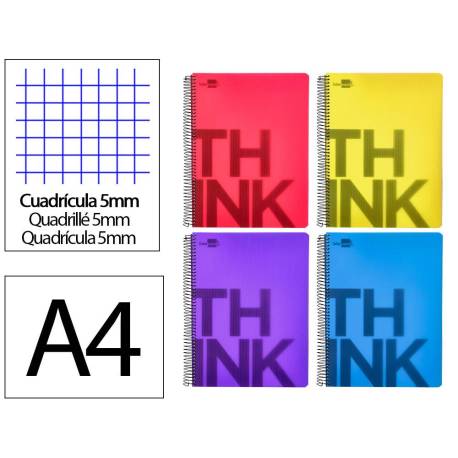 CUADERNO ESPIRAL MARCA LIDERPAPEL A4 MICRO THINK TAPA PLASTICO 140H 80 GR CUADRO 5MM 5 BANDAS 4 TALADROS 4